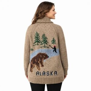 Vintage 1950s 1960s Mens Women's Tan Sweater Chowican Mary Maxim Wool Jacket #88